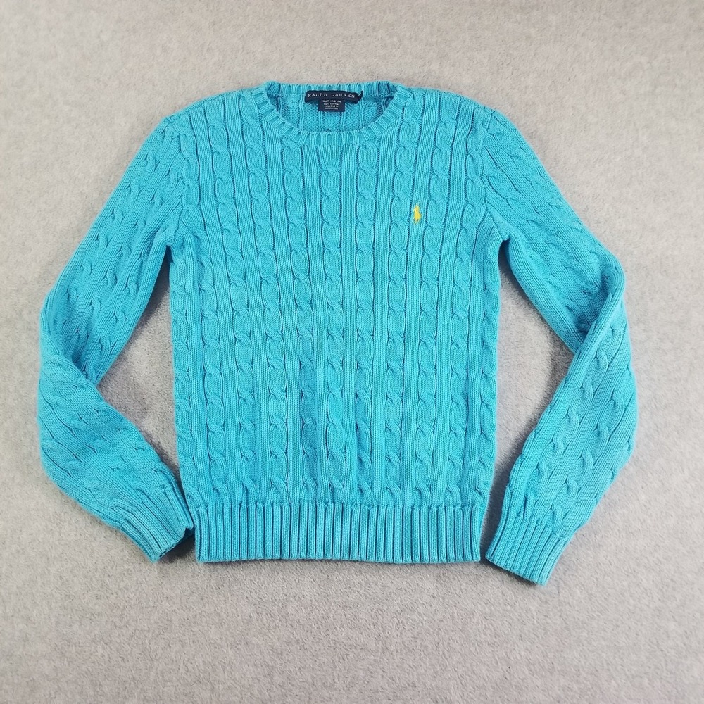 Ralph Lauren Sweater Womens Small Turquoise Blue Cable Knit Cotton Crewneck Pony